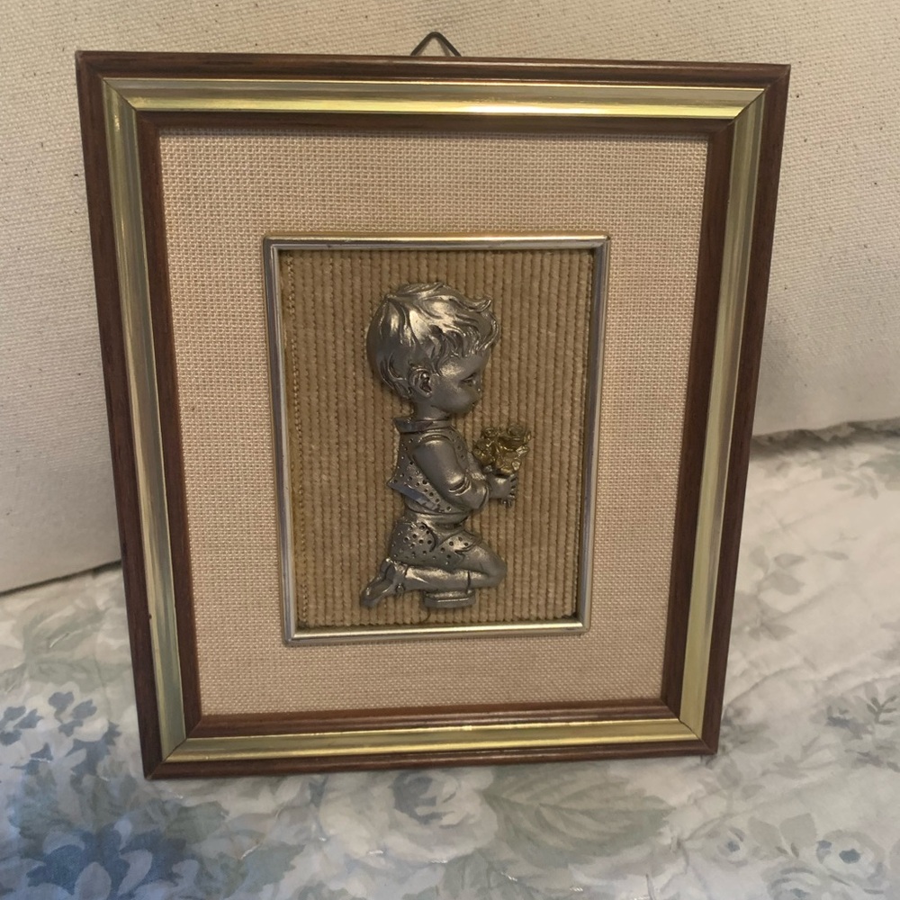 Italian Pewter Praying Boy Framed Hanging Art